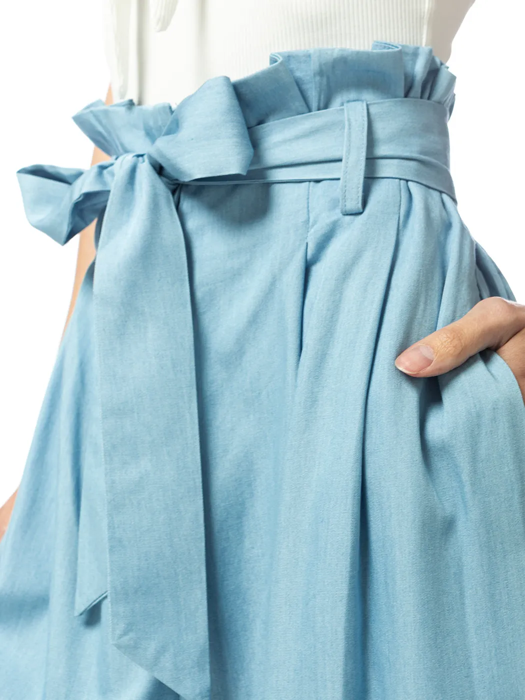 Chambray Tie Wide-Leg Palazzo Jeans