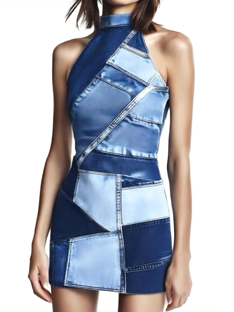 Chic Denim Patchwork  Print Halter Bodycon Mini Dress