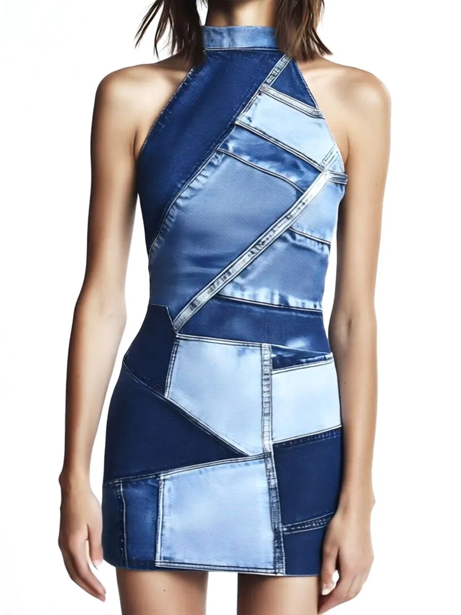 Chic Denim Patchwork  Print Halter Bodycon Mini Dress