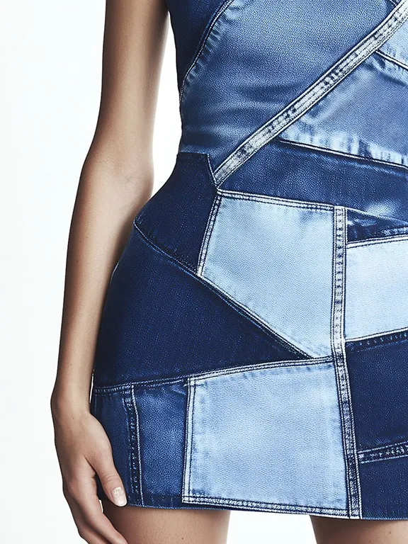 Chic Denim Patchwork  Print Halter Bodycon Mini Dress