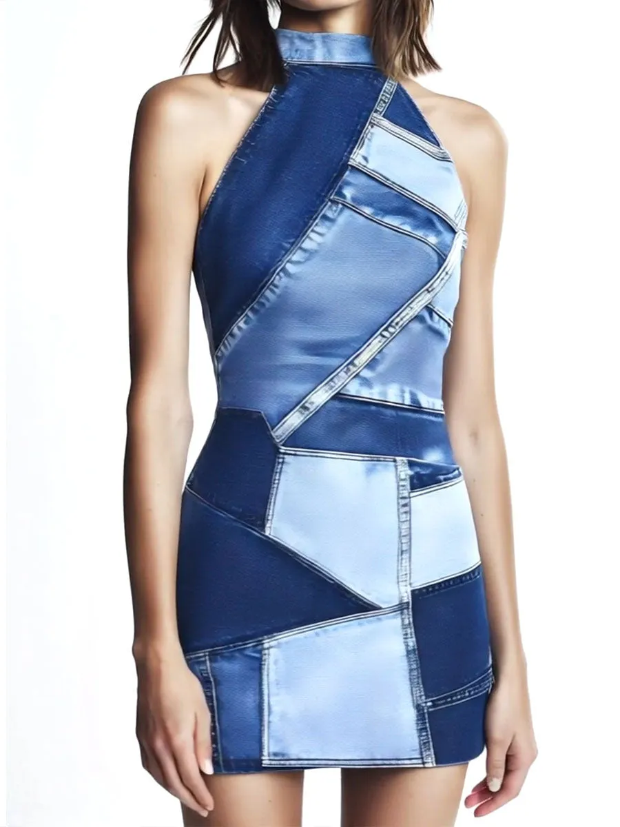 Chic Denim Patchwork  Print Halter Bodycon Mini Dress