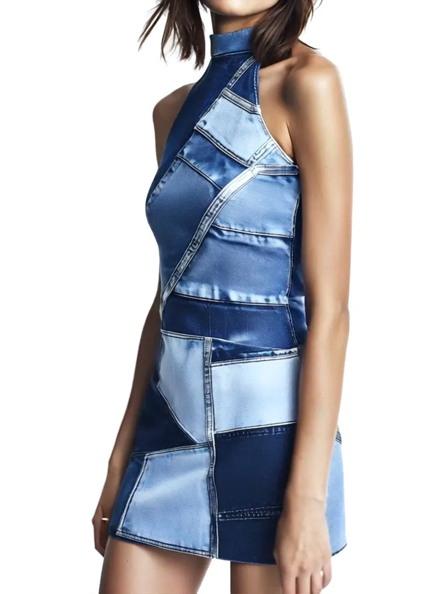 Chic Denim Patchwork  Print Halter Bodycon Mini Dress
