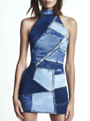 Chic Denim Patchwork  Print Halter Bodycon Mini Dress