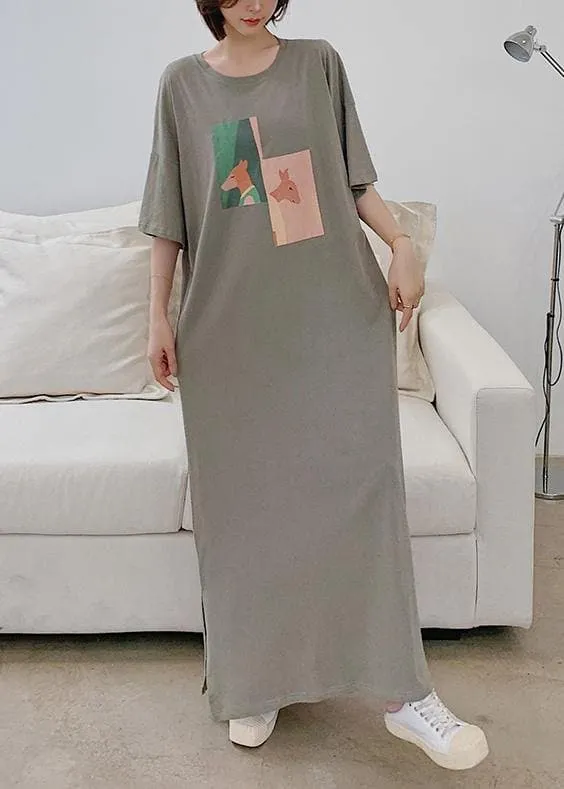 Chic o neck side open clothes Catwalk gray Animal print Plus Size Dresses