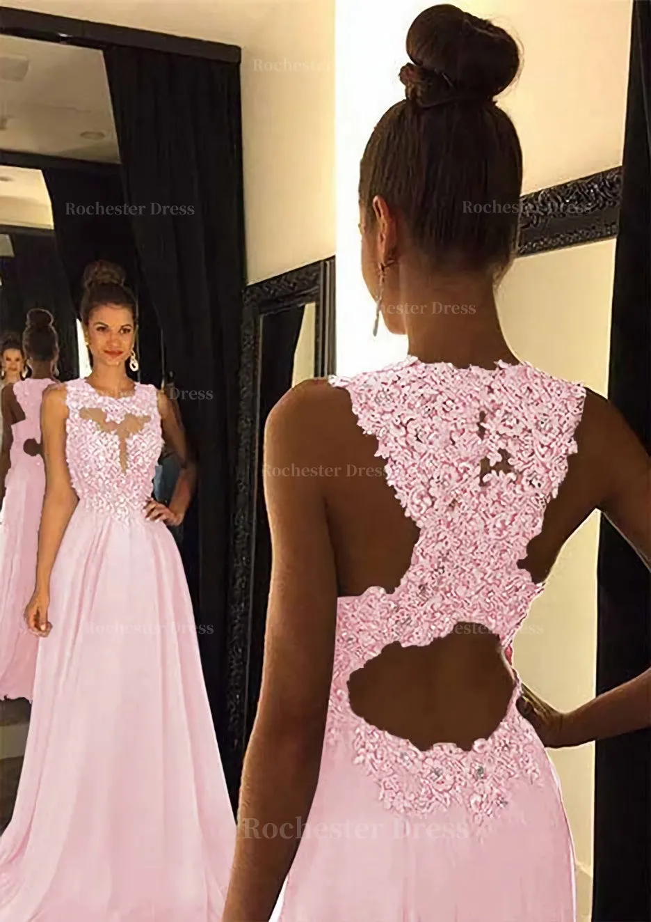 Chiffon Prom Dress A-Line/Princess Scoop Neck Sweep Train With Appliqued Beaded