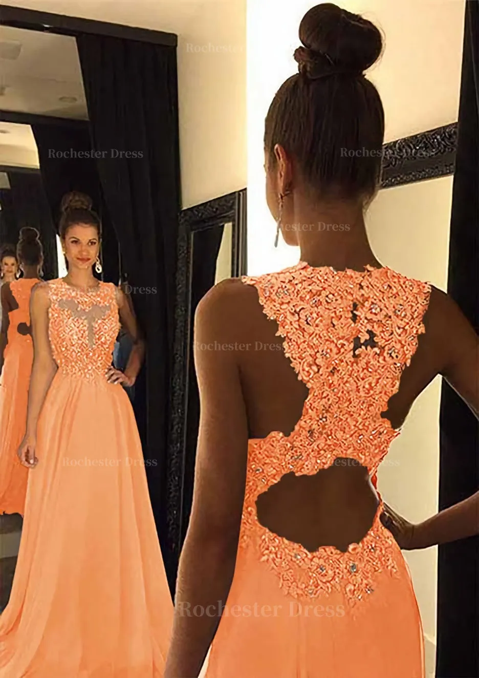 Chiffon Prom Dress A-Line/Princess Scoop Neck Sweep Train With Appliqued Beaded