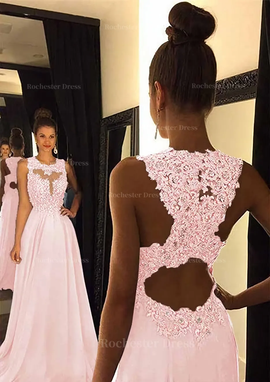 Chiffon Prom Dress A-Line/Princess Scoop Neck Sweep Train With Appliqued Beaded