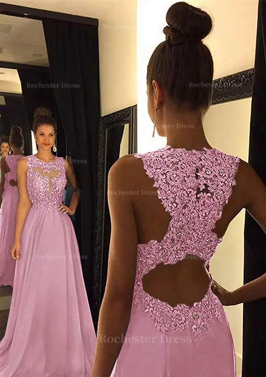 Chiffon Prom Dress A-Line/Princess Scoop Neck Sweep Train With Appliqued Beaded