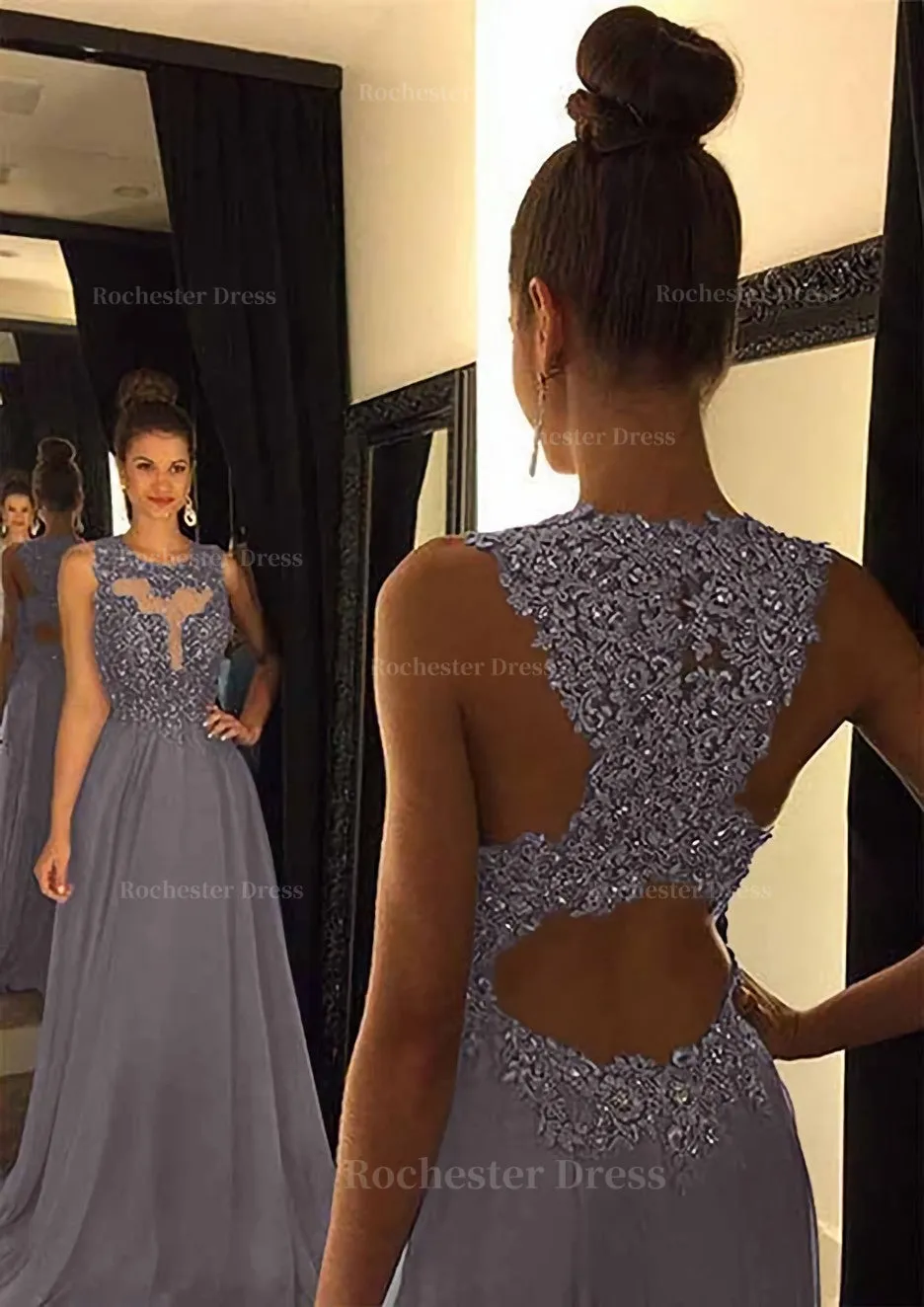 Chiffon Prom Dress A-Line/Princess Scoop Neck Sweep Train With Appliqued Beaded