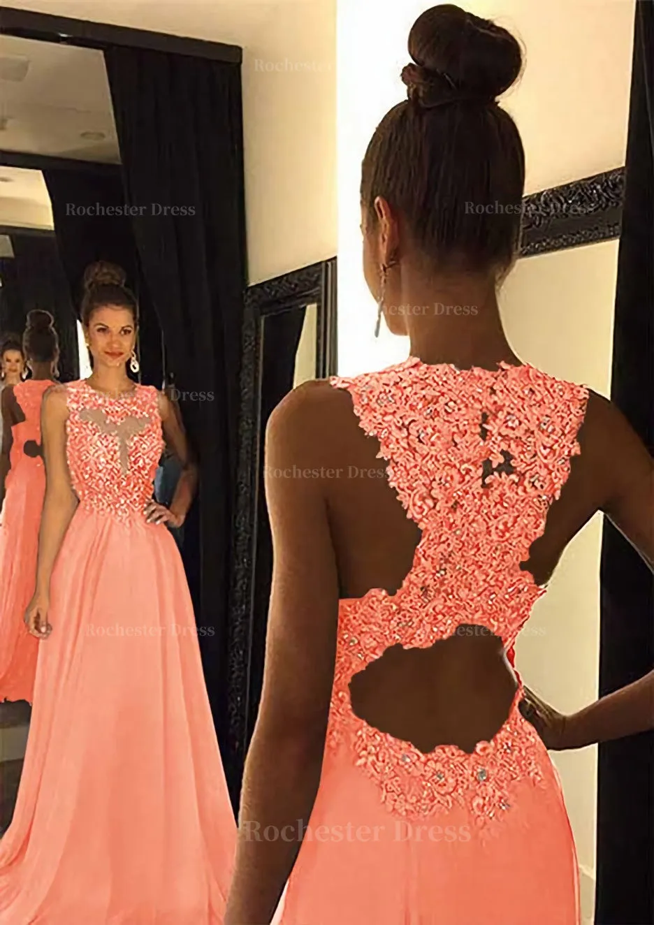 Chiffon Prom Dress A-Line/Princess Scoop Neck Sweep Train With Appliqued Beaded