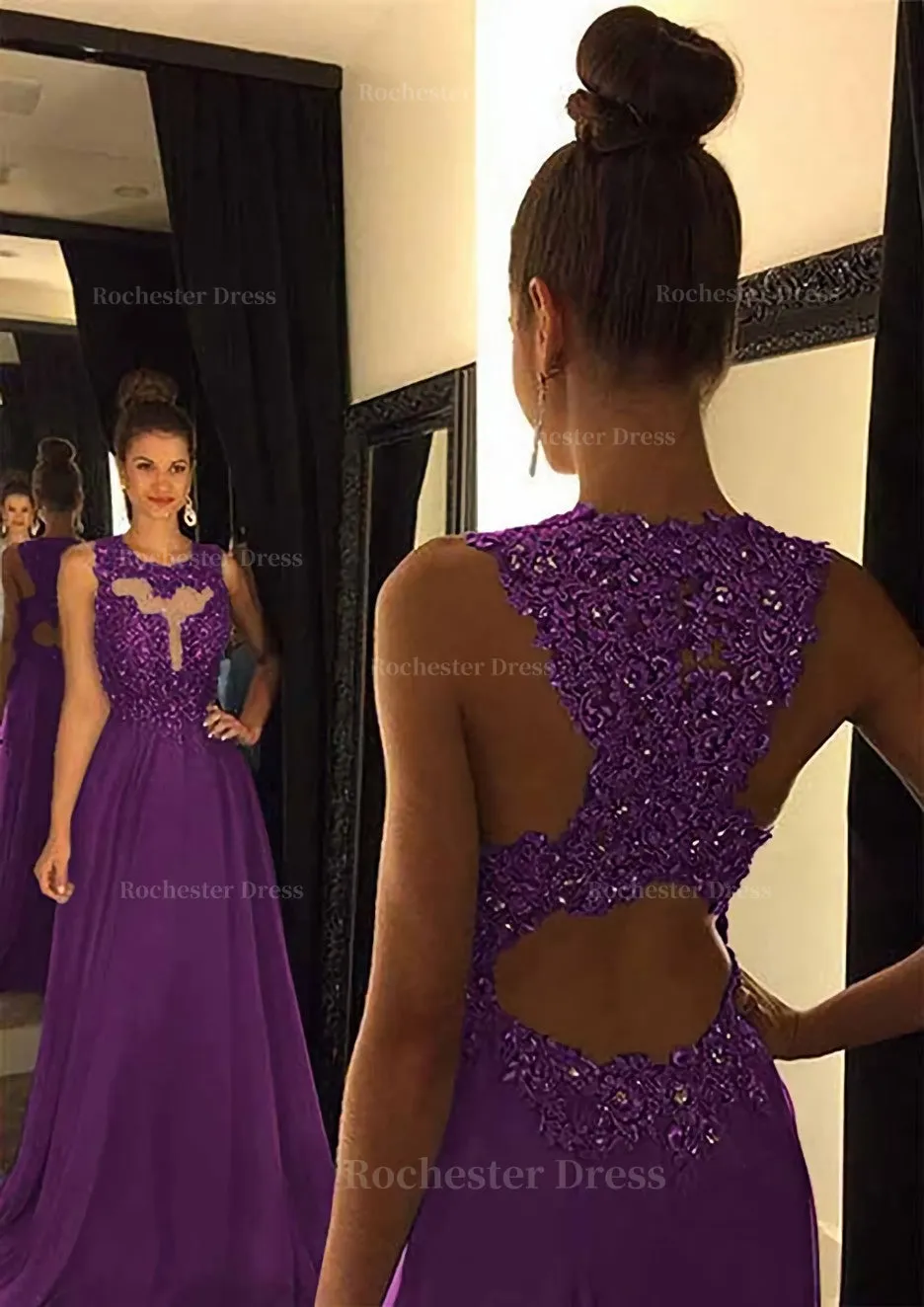 Chiffon Prom Dress A-Line/Princess Scoop Neck Sweep Train With Appliqued Beaded