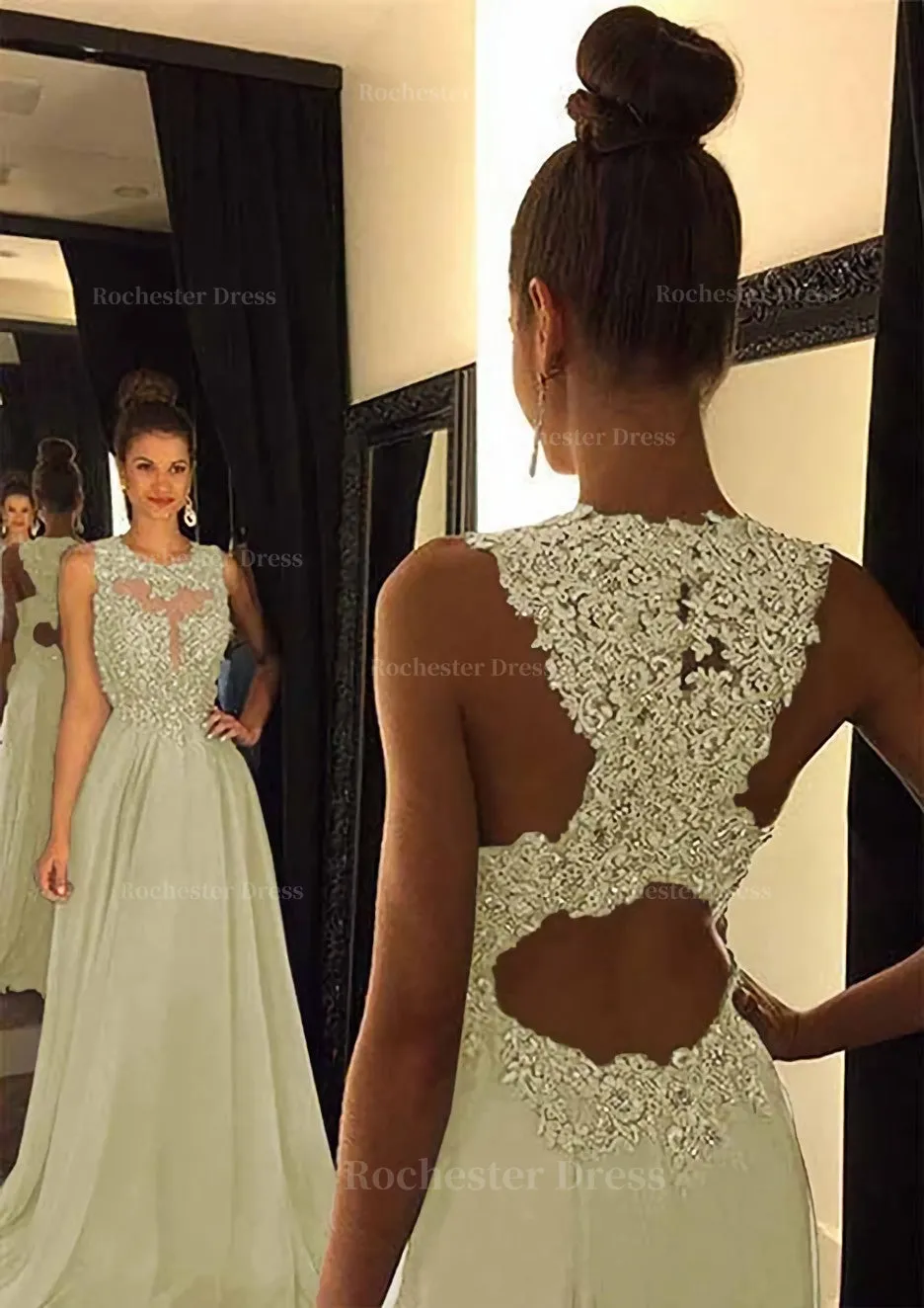 Chiffon Prom Dress A-Line/Princess Scoop Neck Sweep Train With Appliqued Beaded