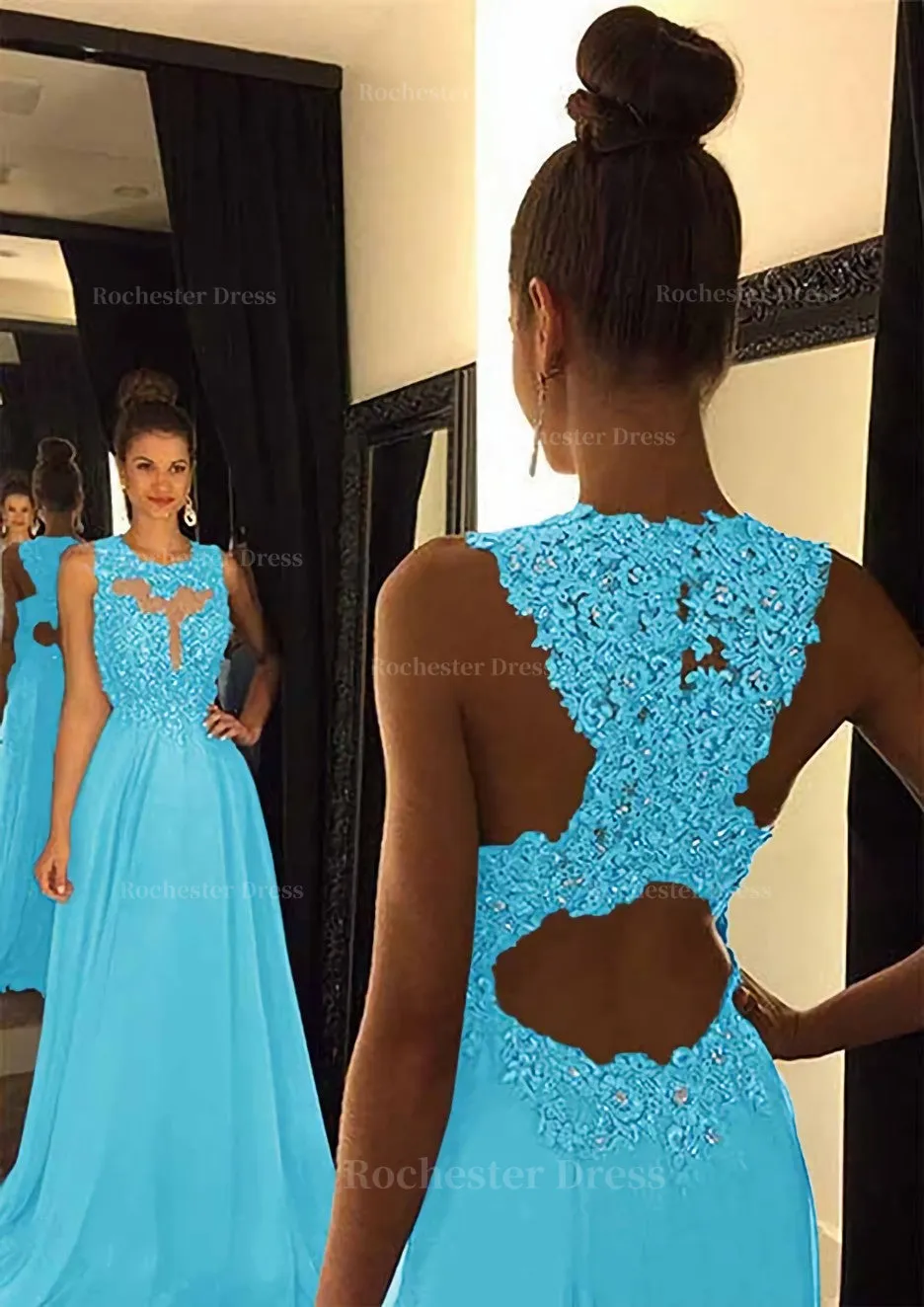 Chiffon Prom Dress A-Line/Princess Scoop Neck Sweep Train With Appliqued Beaded
