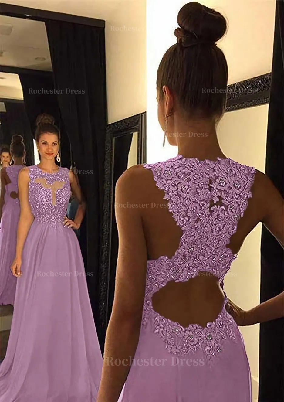 Chiffon Prom Dress A-Line/Princess Scoop Neck Sweep Train With Appliqued Beaded