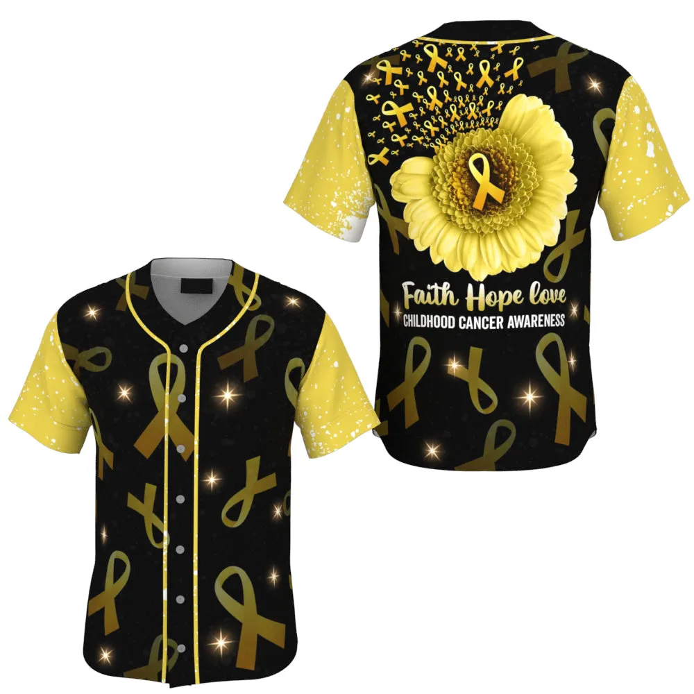 Childhood Cancer Sunflower Yellow Ribbon Baseball Jersey, Faith Hope Love 3D Shirt