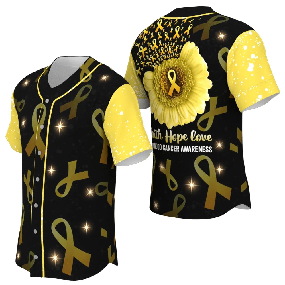Childhood Cancer Sunflower Yellow Ribbon Baseball Jersey, Faith Hope Love 3D Shirt