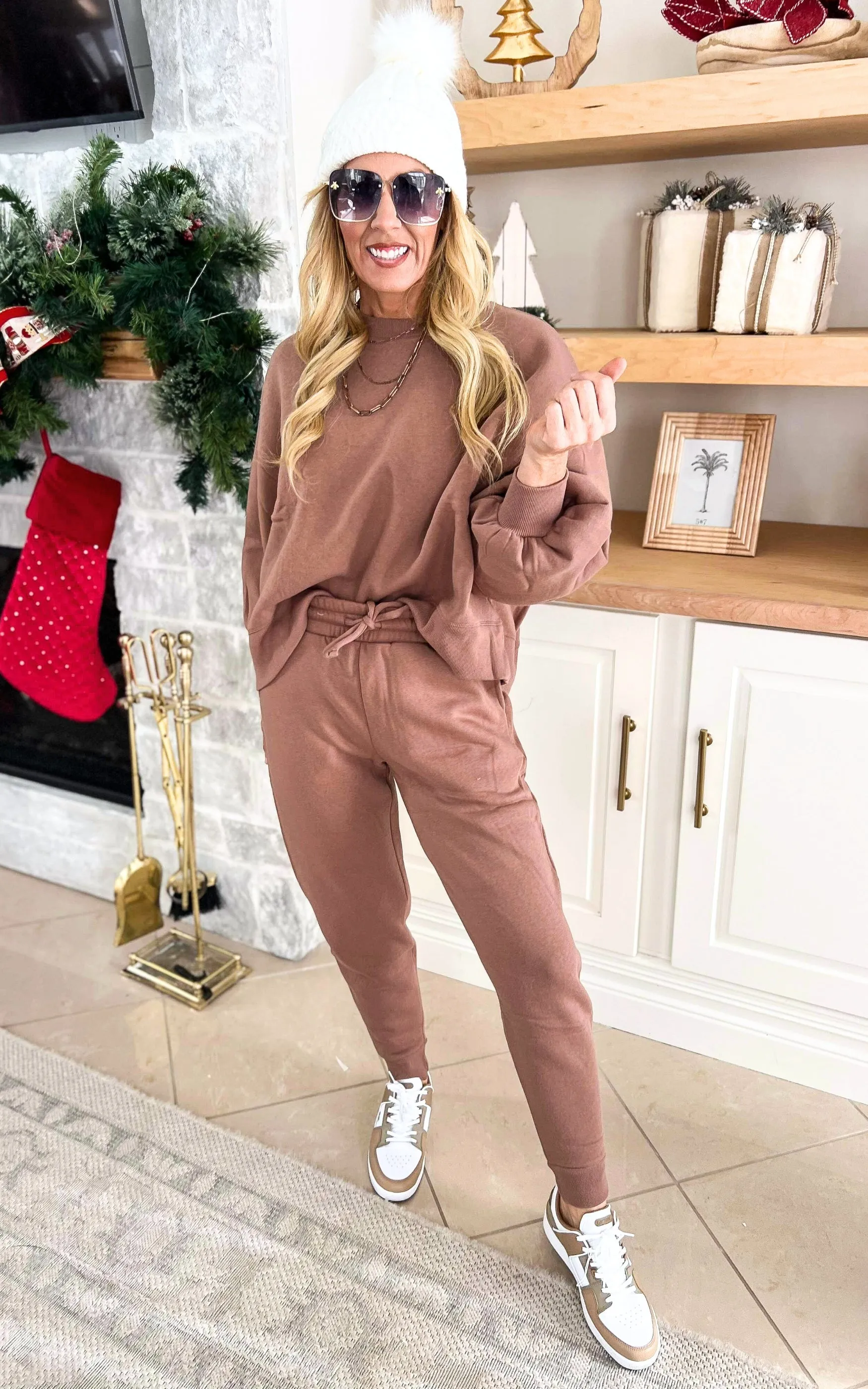 Cocoa Balloon Sleeve Sweatshirt & Sweatpants Outfit Set