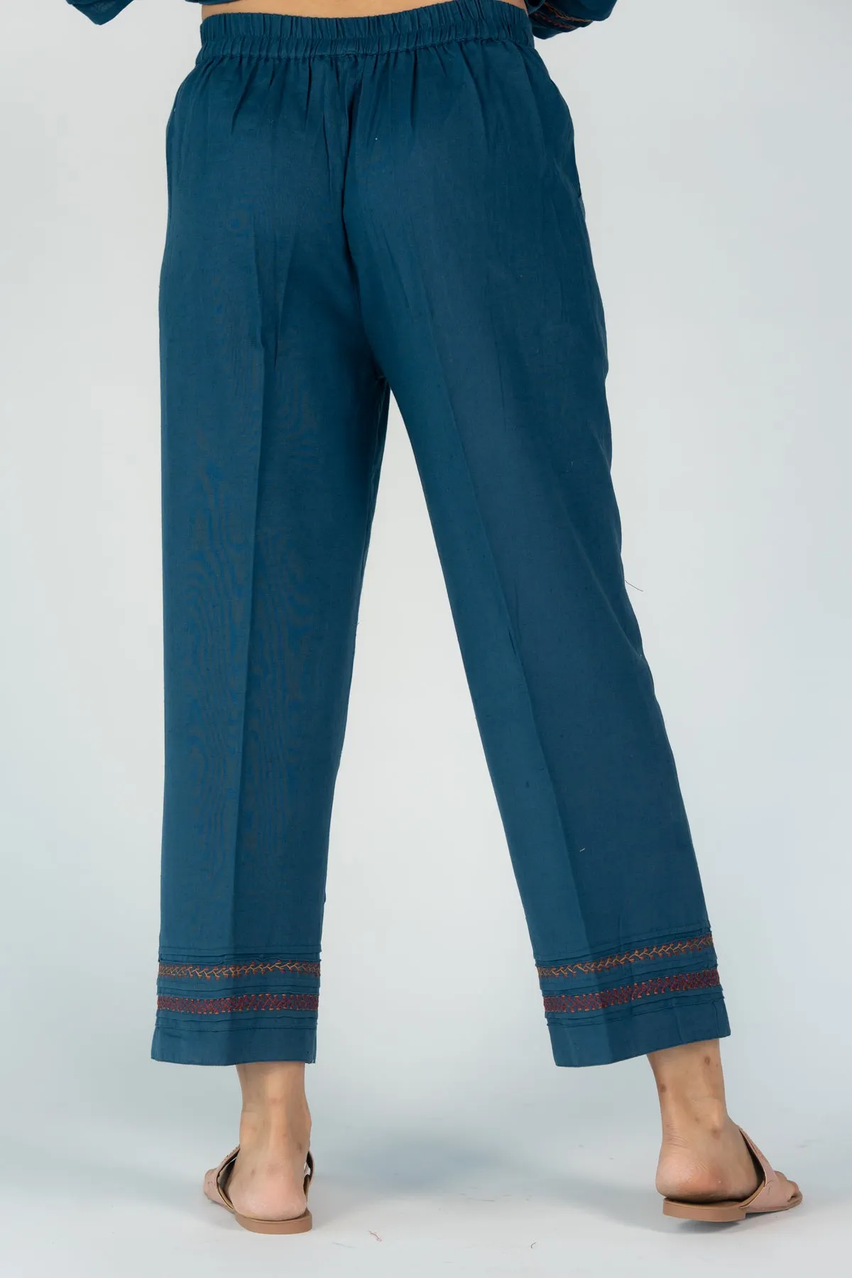 Cotton Flex Embriodered Parallel With Pockets - Blue