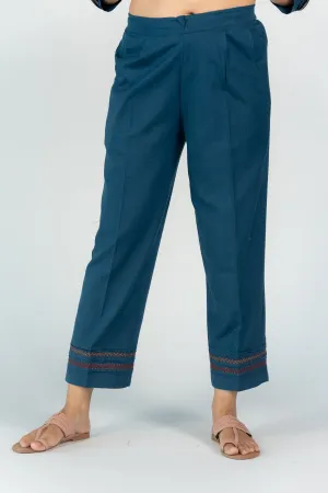Cotton Flex Embriodered Parallel With Pockets - Blue