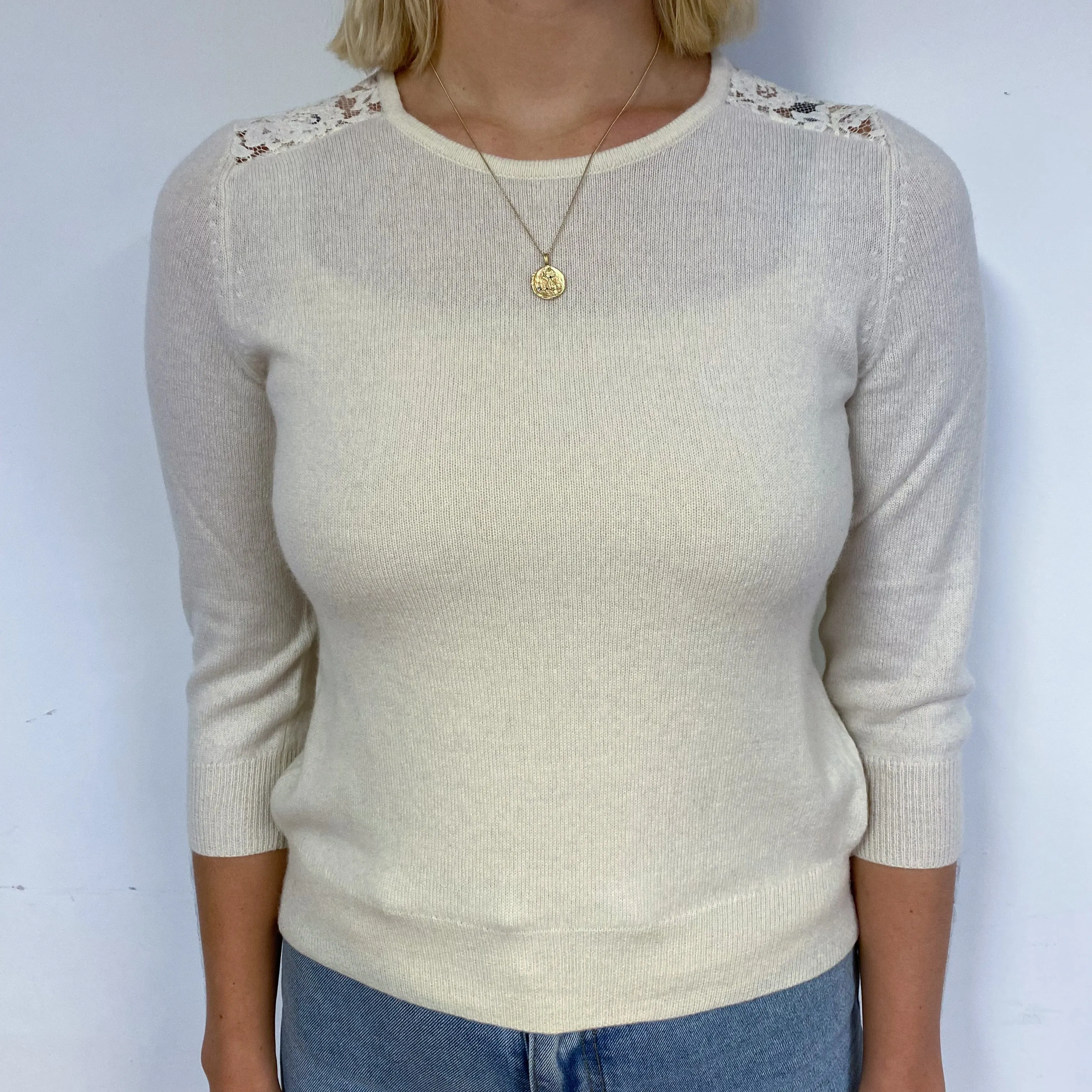 Cream Lace Cashmere Crew Neck Jumper Small
