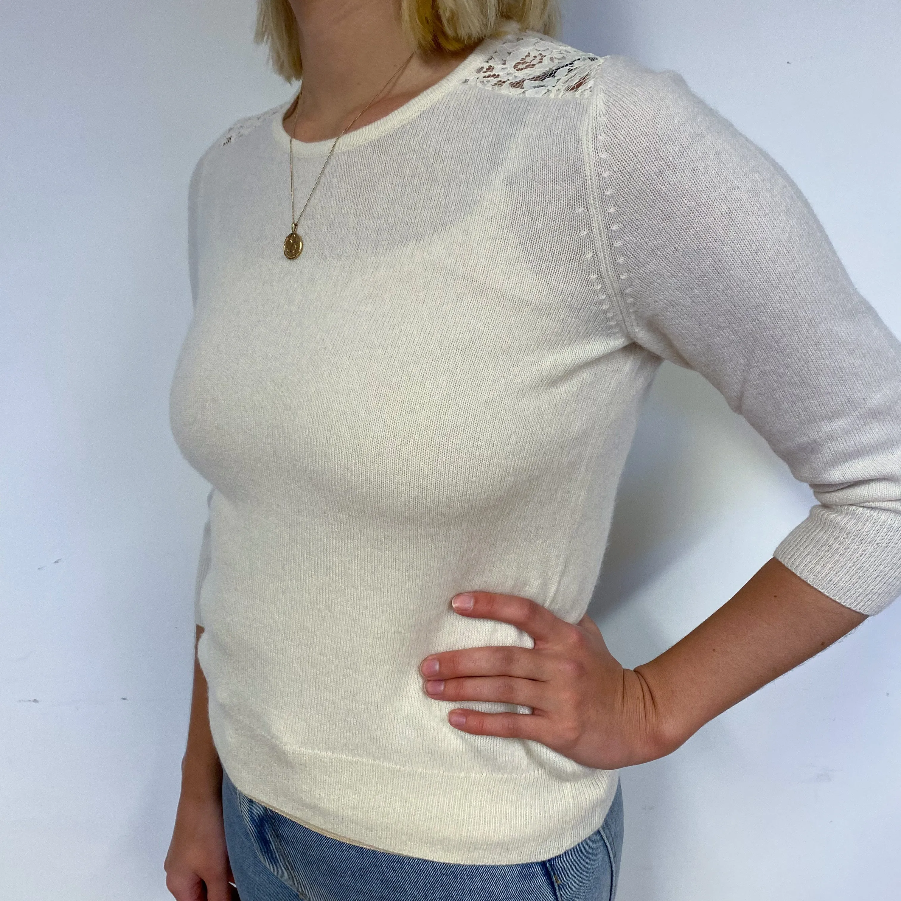 Cream Lace Cashmere Crew Neck Jumper Small