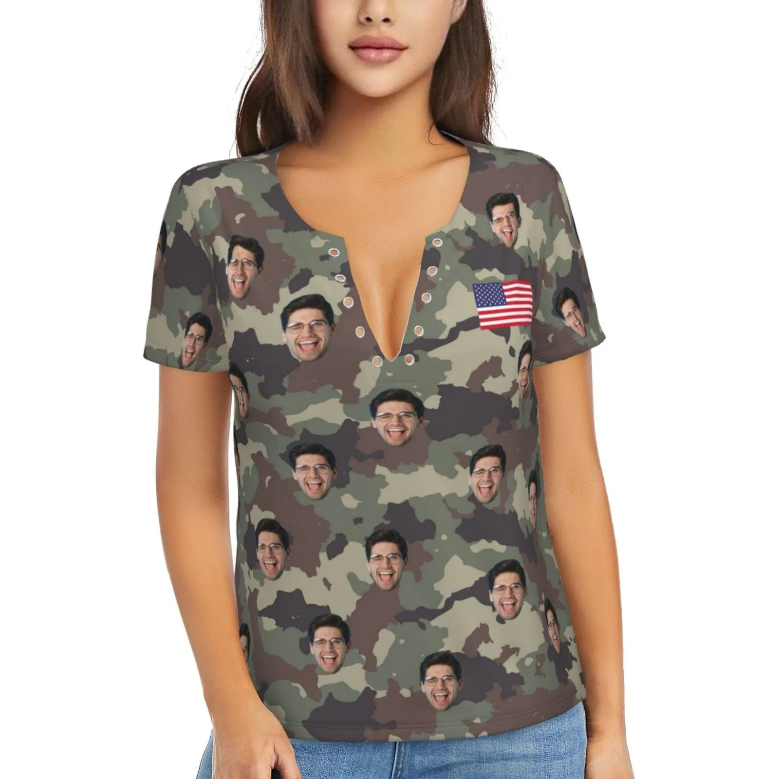 Custom Face Camouflage American Flag Ring Hole Short Sleeve V Neck T-shirt Personalized Women's All Over Print T-shirt Summer Tees Tops