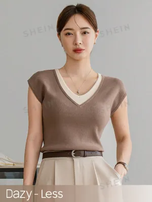 Dazy-Less Ladies' 2 In 1 Patchwork Short Sleeve Knit Top