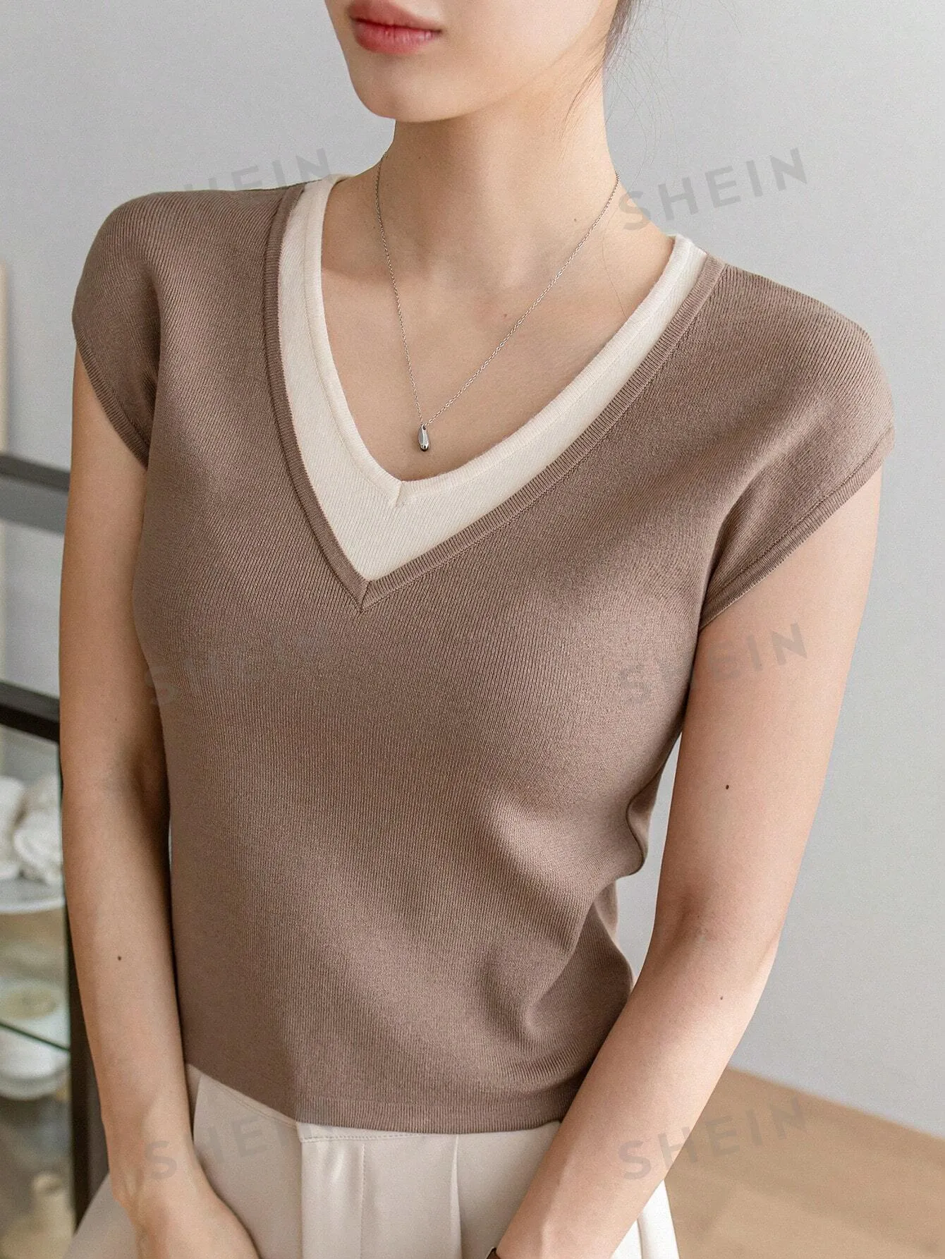 Dazy-Less Ladies' 2 In 1 Patchwork Short Sleeve Knit Top