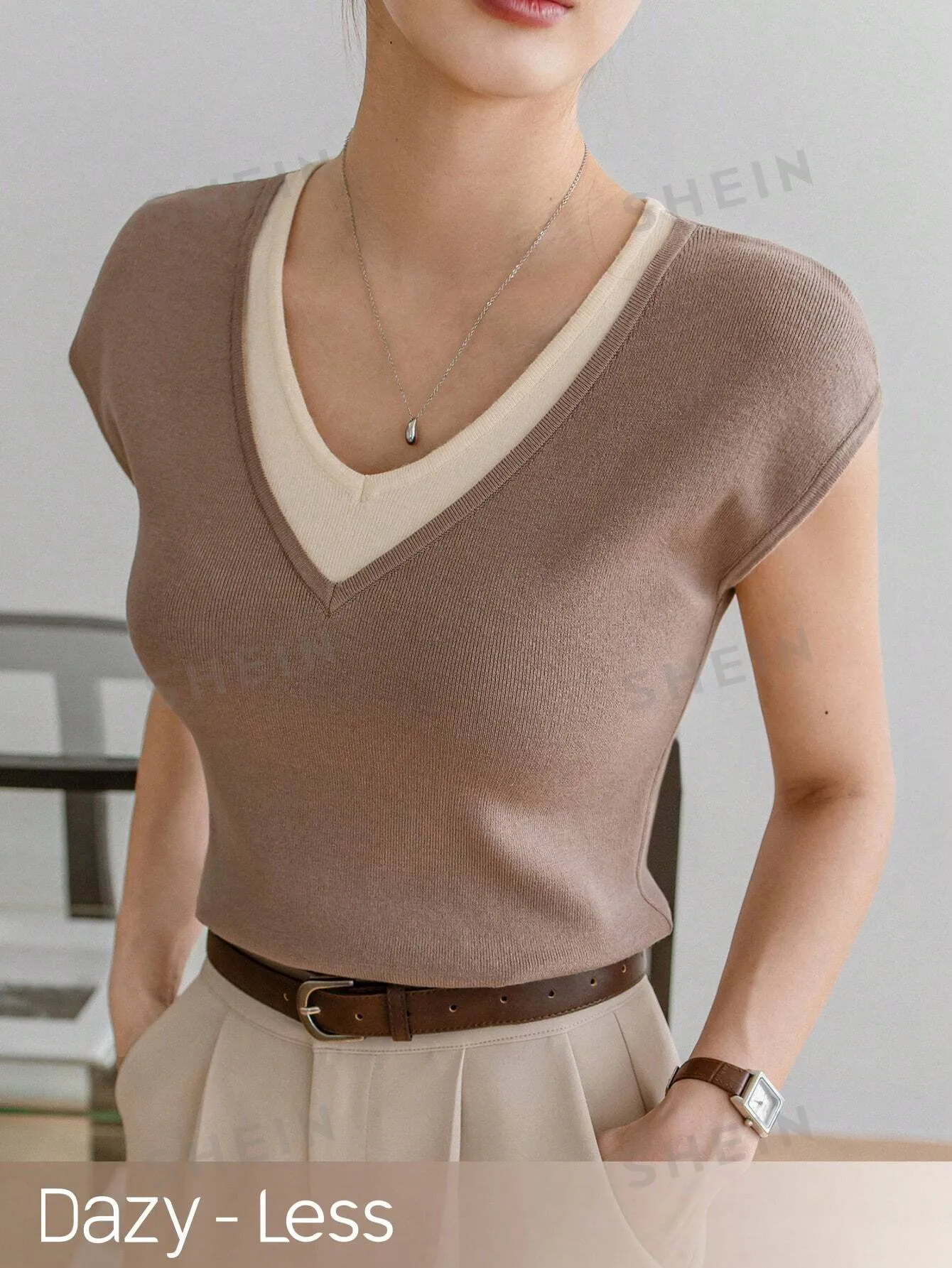 Dazy-Less Ladies' 2 In 1 Patchwork Short Sleeve Knit Top