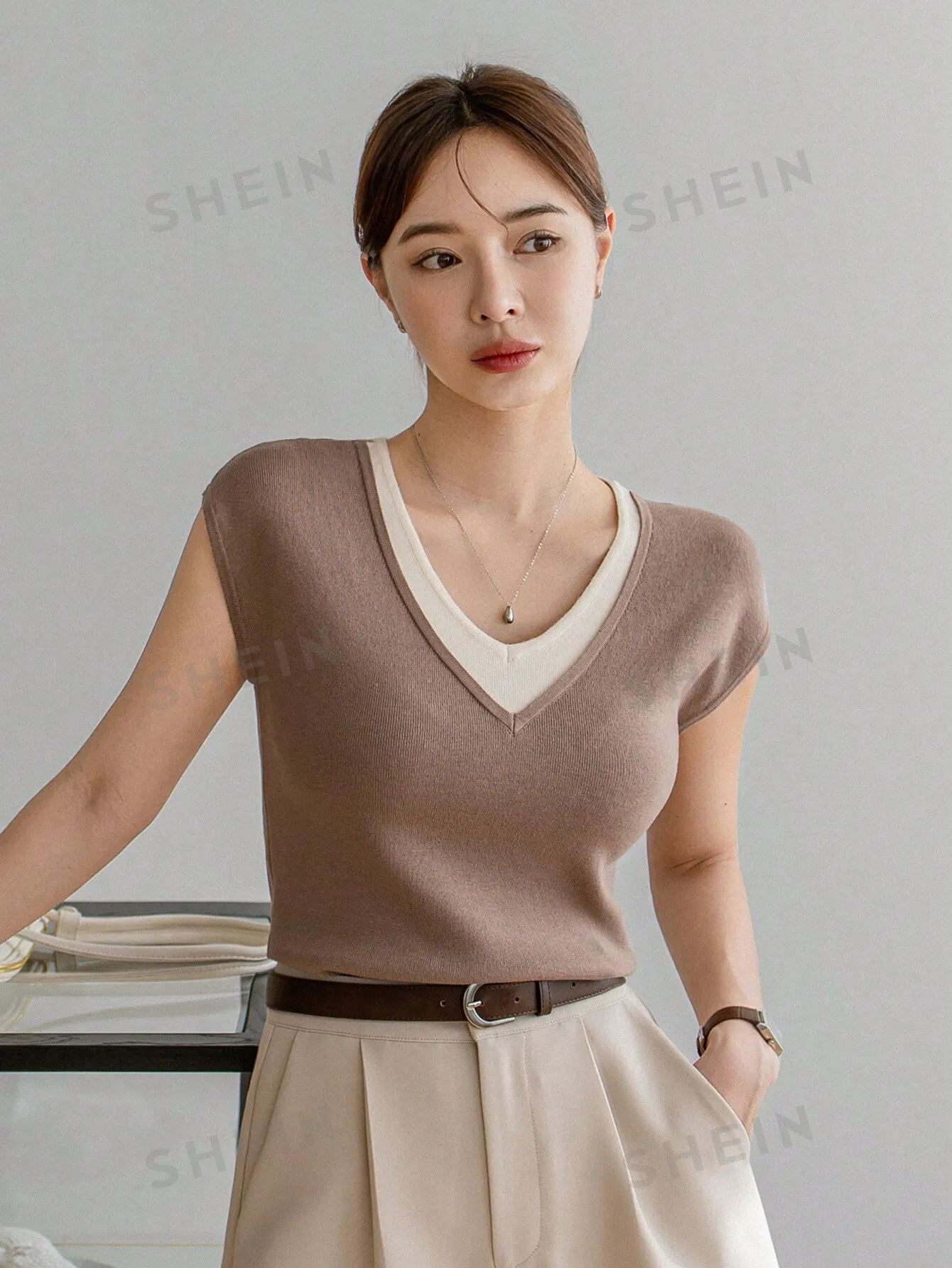 Dazy-Less Ladies' 2 In 1 Patchwork Short Sleeve Knit Top