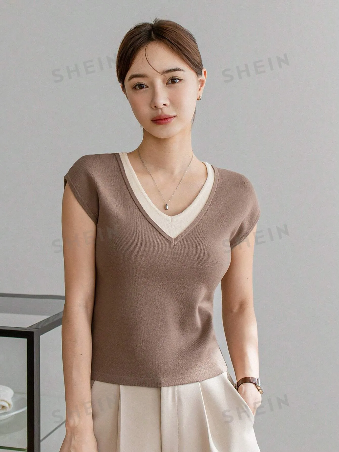Dazy-Less Ladies' 2 In 1 Patchwork Short Sleeve Knit Top