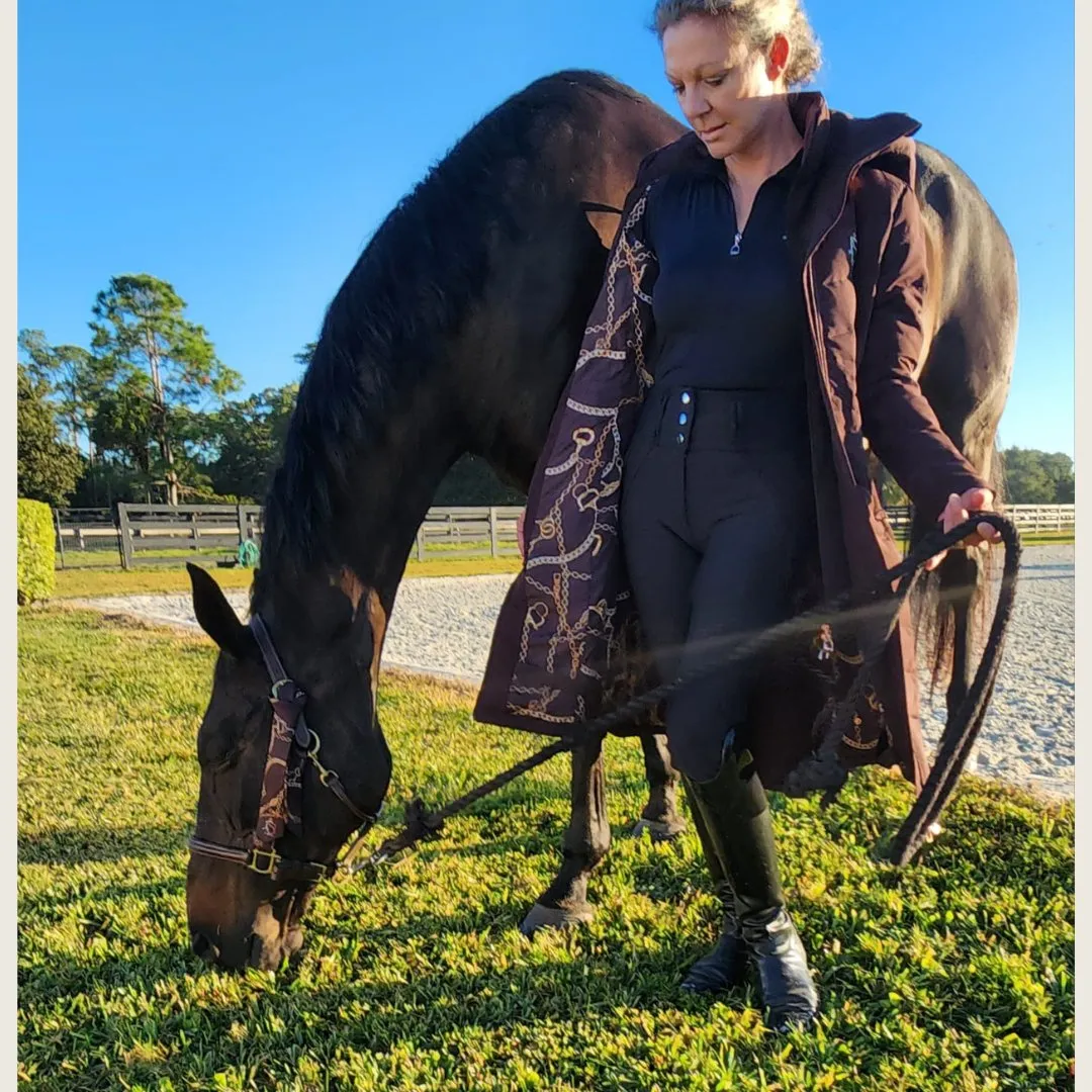 DQD Chocolate Brown Duck Down Riding Coat with Velvet Collar