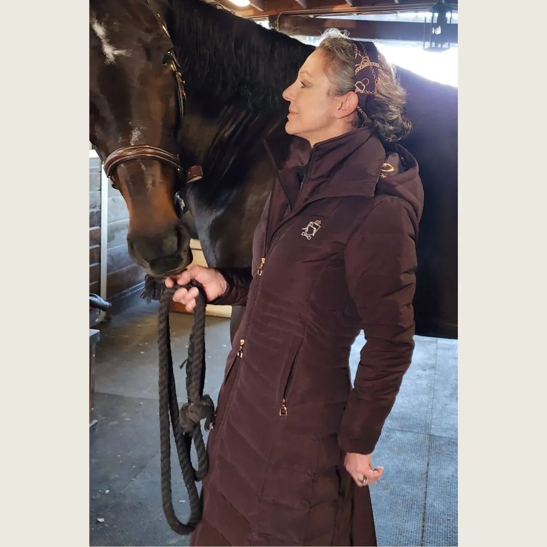 DQD Chocolate Brown Duck Down Riding Coat with Velvet Collar
