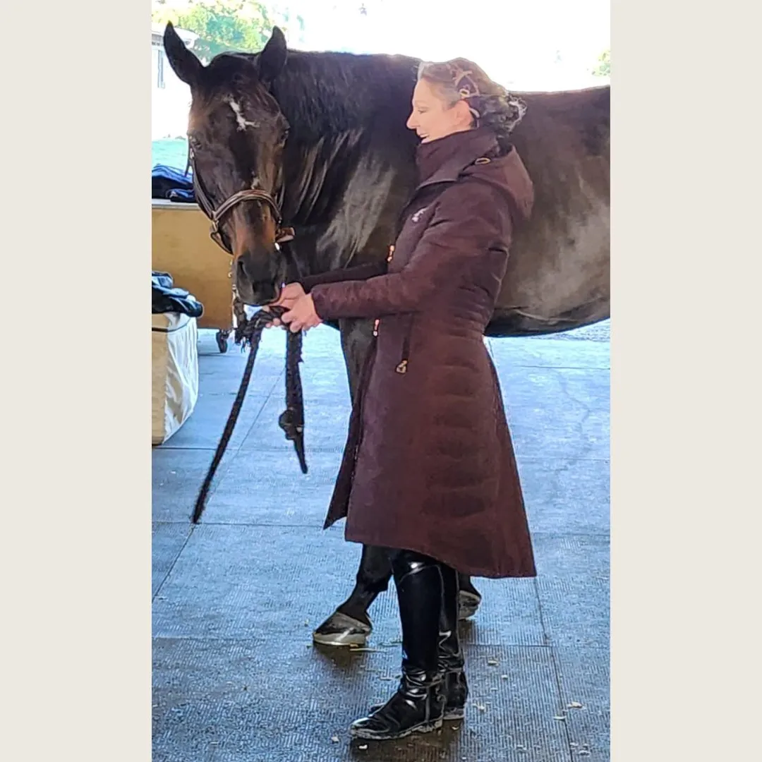 DQD Chocolate Brown Duck Down Riding Coat with Velvet Collar