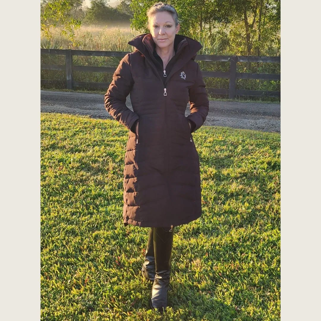 DQD Chocolate Brown Duck Down Riding Coat with Velvet Collar
