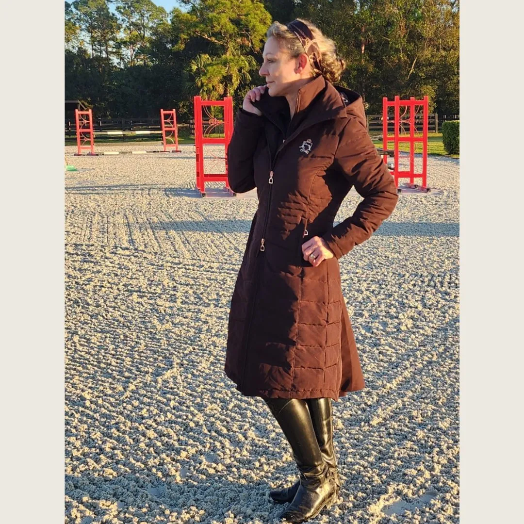 DQD Chocolate Brown Duck Down Riding Coat with Velvet Collar