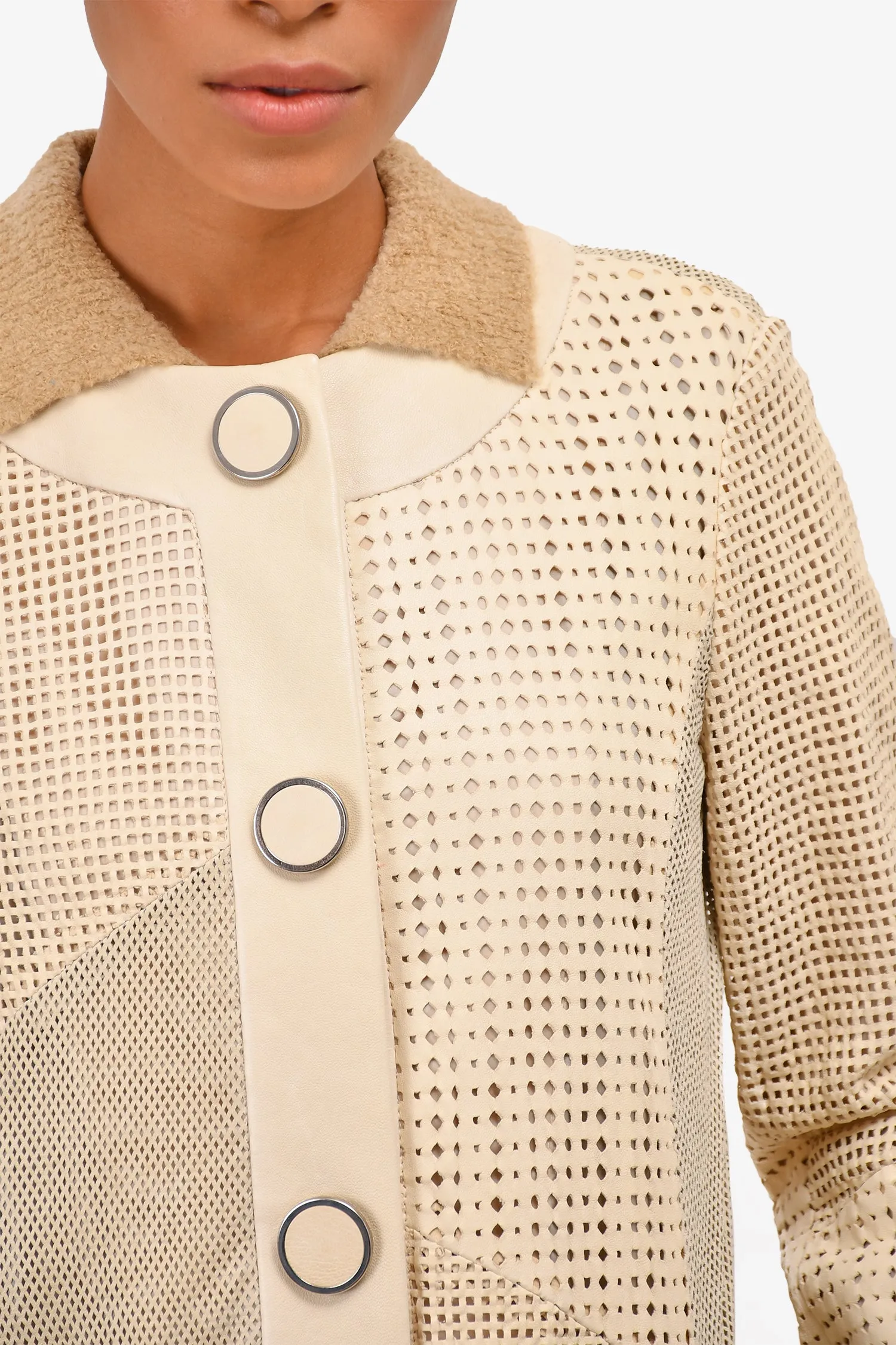DROMe Cream Laser Cut Leather Button-Down Coat Size XS