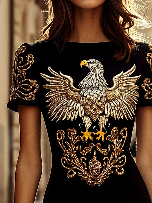 Eagle Print and Golden Thread Embroidery Pencil Dress