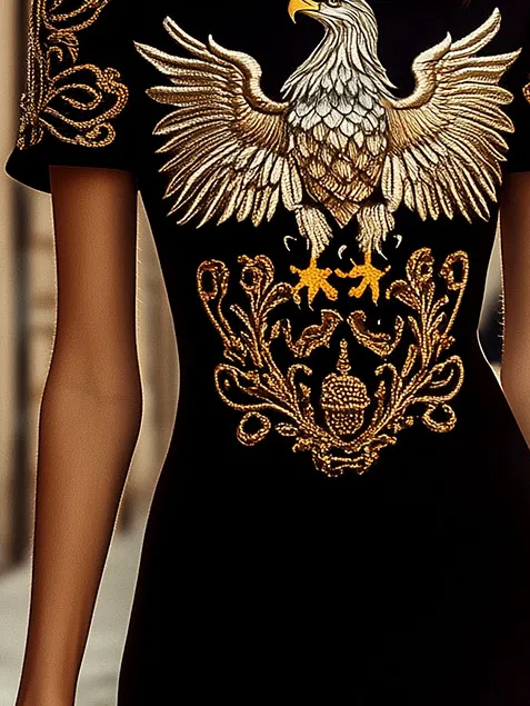Eagle Print and Golden Thread Embroidery Pencil Dress