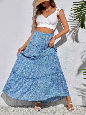 Elegant High Waist Ditsy Floral Tiered Maxi Skirt- By Lustmia