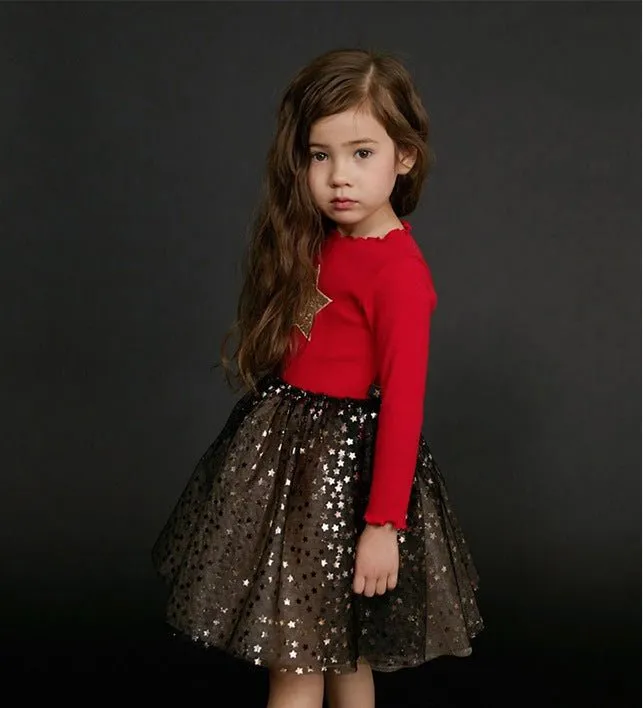 Fancy girls' dress with lace and star print