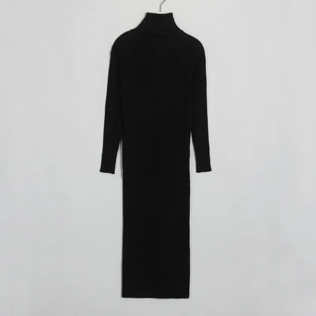 FashionSierra - Turtleneck Knee-Length Solid Sweater Dress