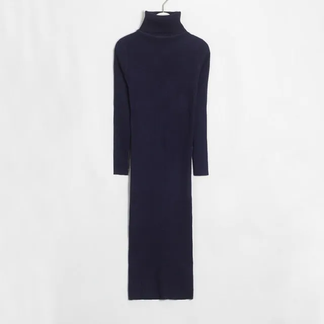 FashionSierra - Turtleneck Knee-Length Solid Sweater Dress