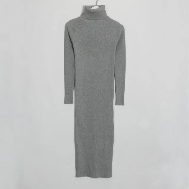 FashionSierra - Turtleneck Knee-Length Solid Sweater Dress