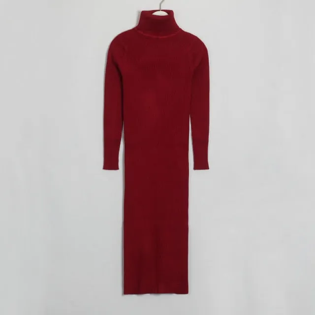 FashionSierra - Turtleneck Knee-Length Solid Sweater Dress
