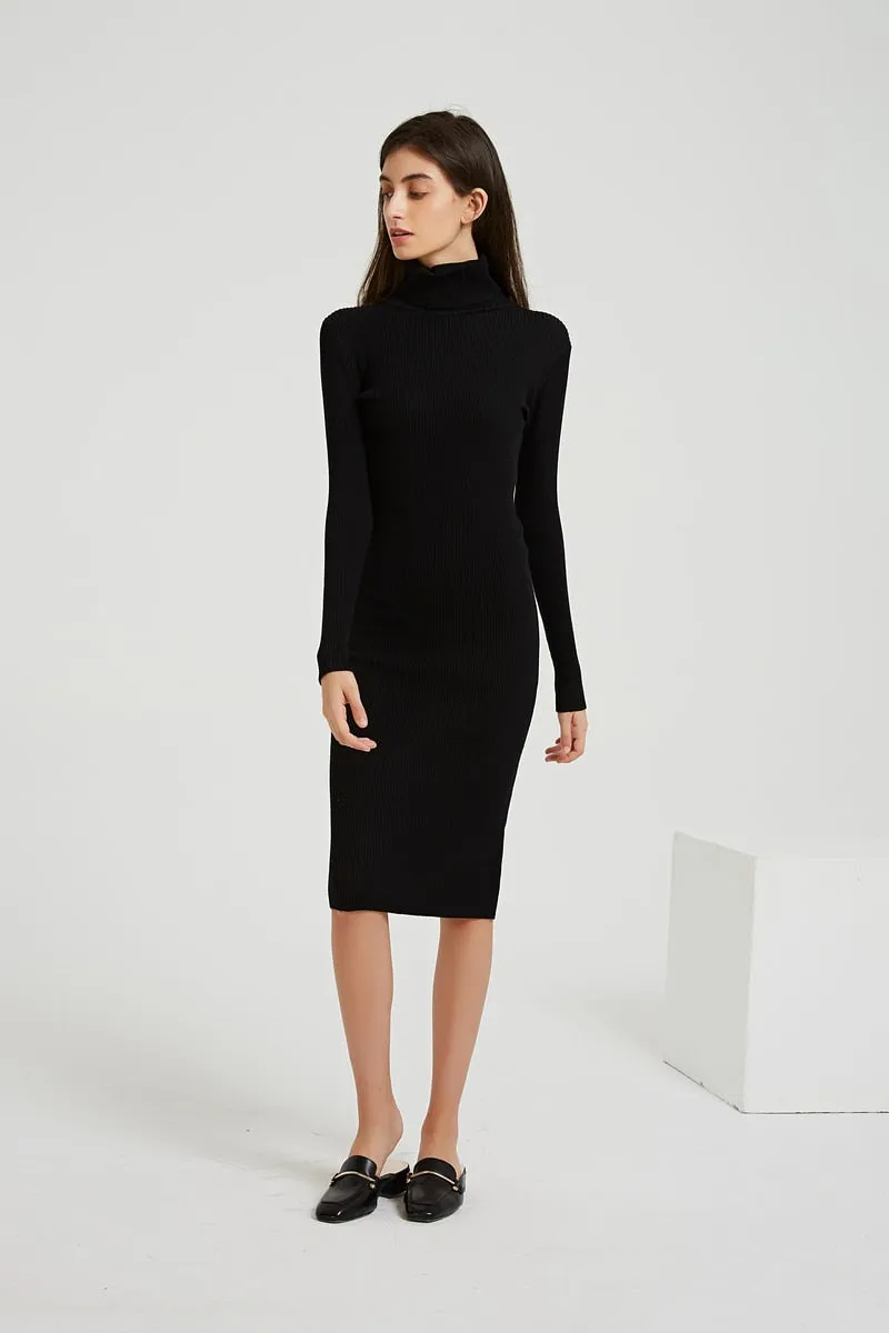 FashionSierra - Turtleneck Knee-Length Solid Sweater Dress