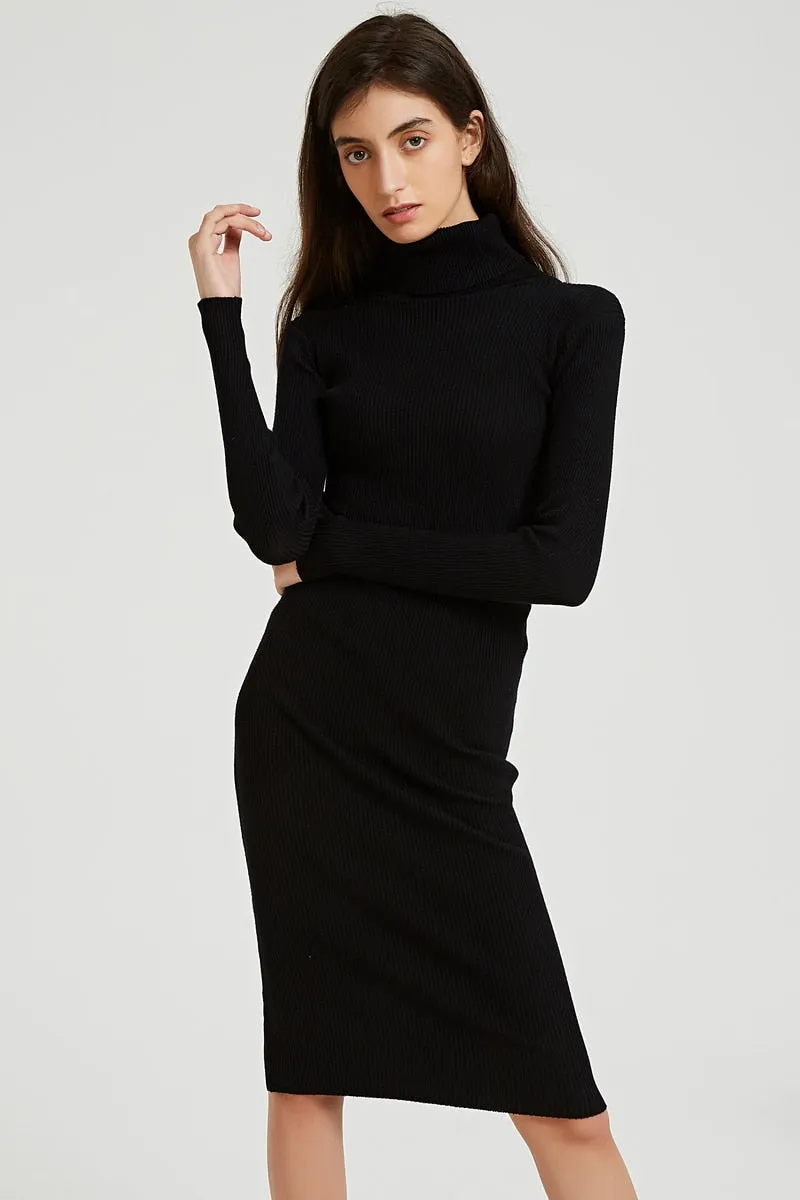 FashionSierra - Turtleneck Knee-Length Solid Sweater Dress