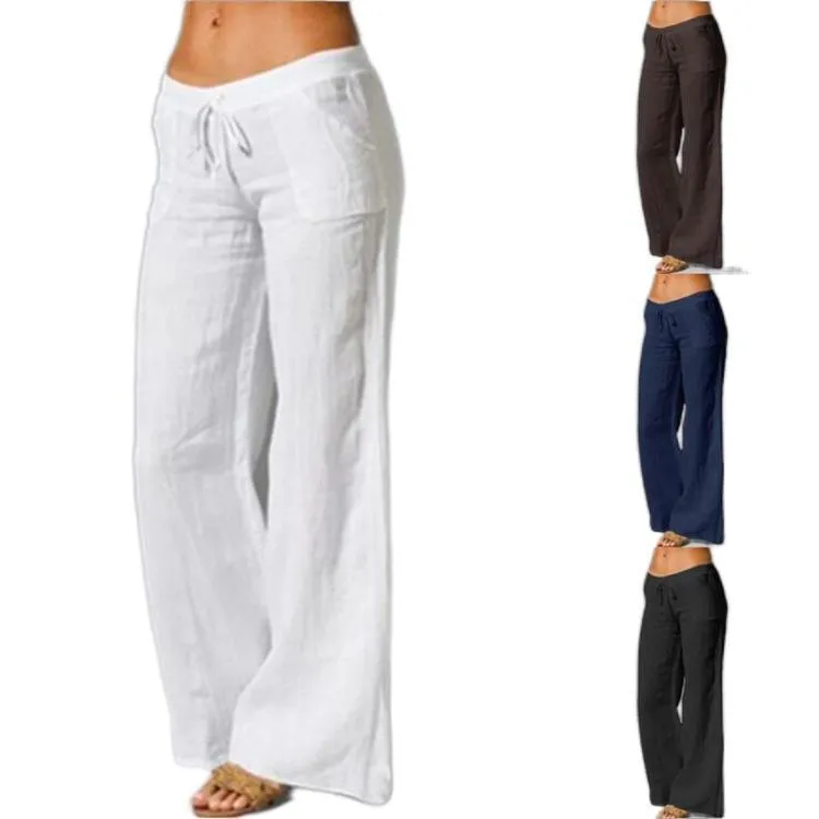 FashionSierra - Women's Summer Linen Wide Leg Yoga Pants Elastic Waist Drawstring Pants
