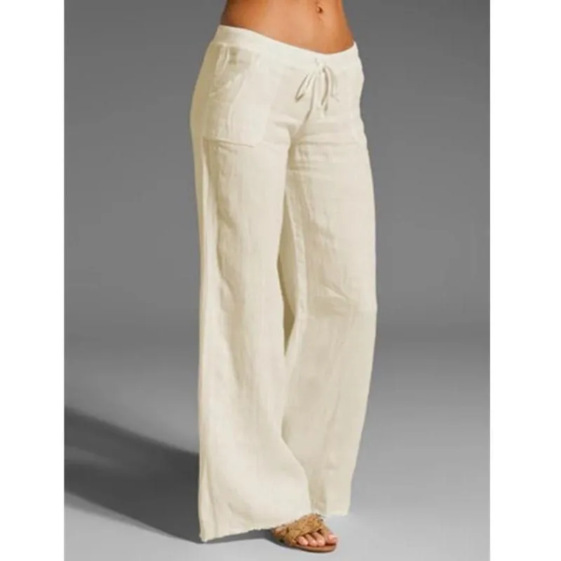 FashionSierra - Women's Summer Linen Wide Leg Yoga Pants Elastic Waist Drawstring Pants