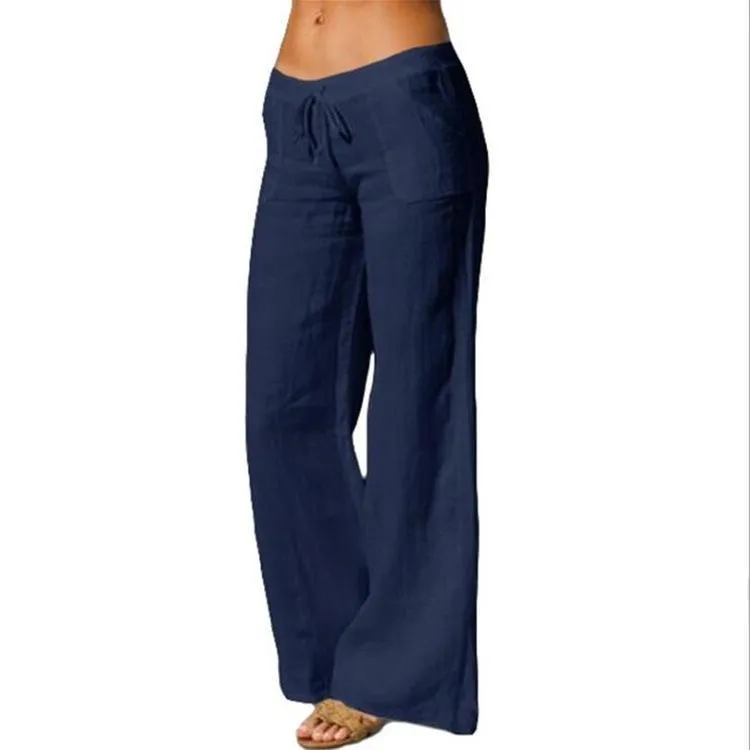 FashionSierra - Women's Summer Linen Wide Leg Yoga Pants Elastic Waist Drawstring Pants